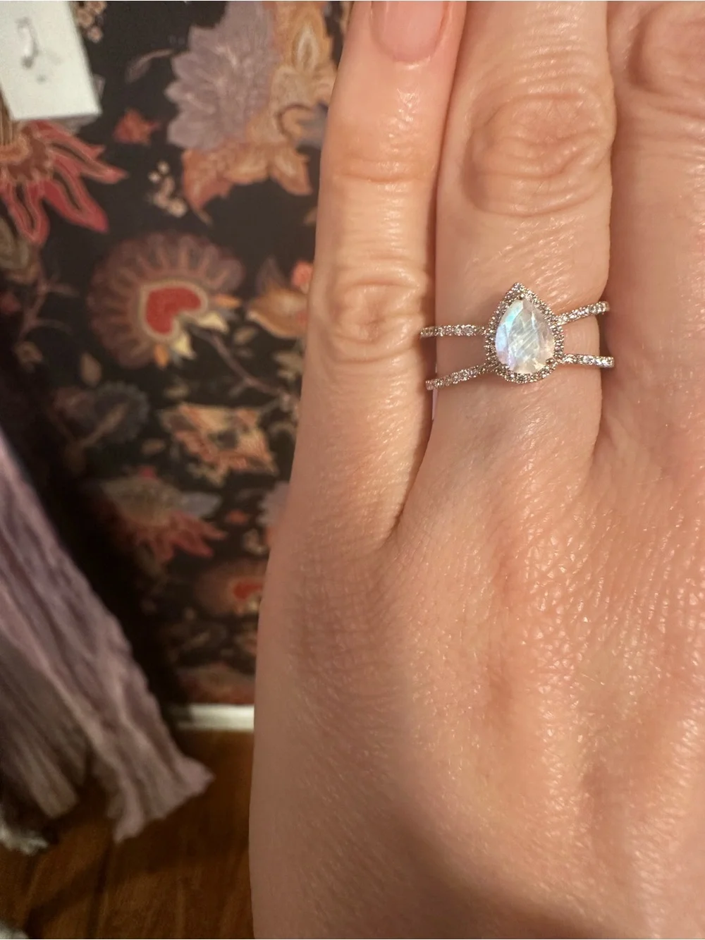 14kt Yellow Gold Double-Band Teardrop Moonstone Ring with Diamond Halo